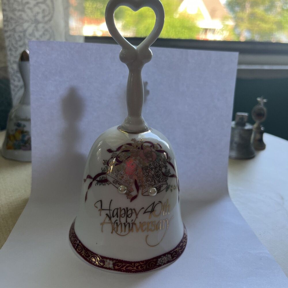 Vintage Happy 40th Anniversary Ceramic Bell w/3D Pearls 5-3/4"
